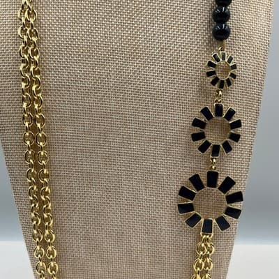 Vintage Talbots Gold Tone Black Enamel Sunburst Bead Double Rolo Chain Necklace - Thumbnail 3