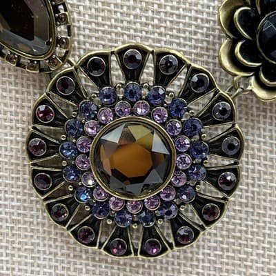 Vintage Bronze Statement Necklace Rhinestone Floral Geometric Boho Bib Jewelry - Thumbnail 4