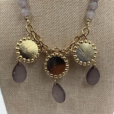 Vintage Plunder Gold Tone Necklace Lavender Beads Rhinestone Floral Bib Charm - Thumbnail 7