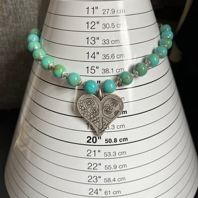 Xiomara Castro Turquoise Beaded Necklace Silver Tone Floral Heart Peace Pendant - Thumbnail 7