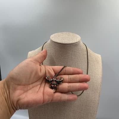 Vintage Bronze Bee Pendant Necklace Rhinestone Crystal Insect Jewelry Gift BoHo - Thumbnail 6