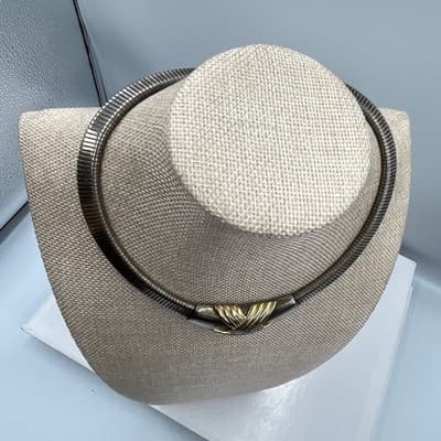 Vintage Two Tone Omega Choker Necklace Gold Silver Mixed Metal Ribbed Knot 16" - Thumbnail 5