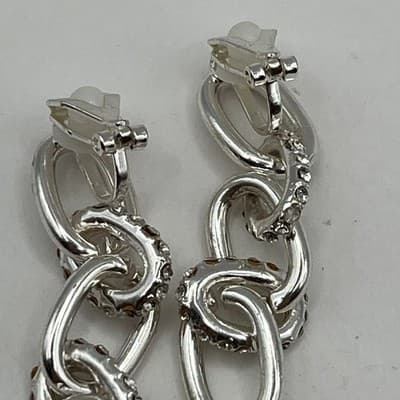 Vintage Silver Tone Chunky Chain Link Dangle Earring Pave Crystal Accent Clip-On - Thumbnail 4