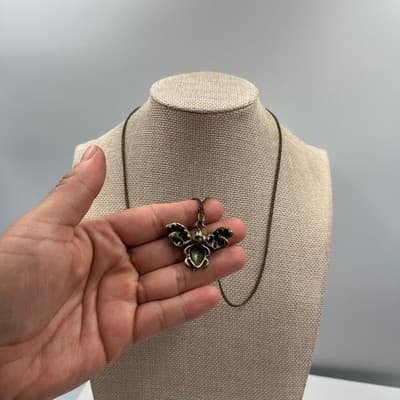 Vintage Bronze Bee Pendant Necklace Rhinestone Crystal Insect Jewelry Gift BoHo - Thumbnail 5