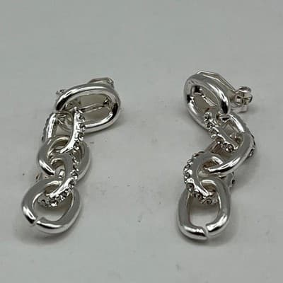Vintage Silver Tone Chunky Chain Link Dangle Earring Pave Crystal Accent Clip-On - Thumbnail 2