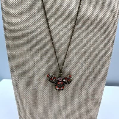 Vintage Bronze Bee Pendant Necklace Rhinestone Crystal Insect Jewelry Gift BoHo - Thumbnail 3