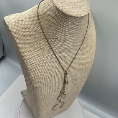 Silver Tone Geometric Ring Y-Necklace, Minimalist Snake Chain Drop Pendant - Thumbnail 5
