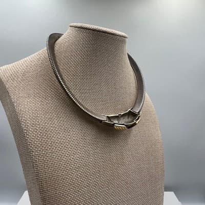 Vintage Two Tone Omega Choker Necklace Gold Silver Mixed Metal Ribbed Knot 16" - Thumbnail 7