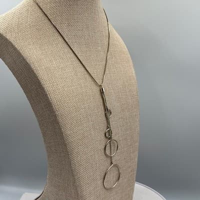 Silver Tone Geometric Ring Y-Necklace, Minimalist Snake Chain Drop Pendant - Thumbnail 4