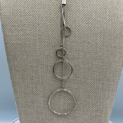 Silver Tone Geometric Ring Y-Necklace, Minimalist Snake Chain Drop Pendant - Thumbnail 3