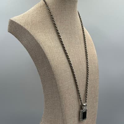 Vintage Style Silver Tone Black Onyx Style Pendant Necklace Ornate Rope Chain - Thumbnail 7