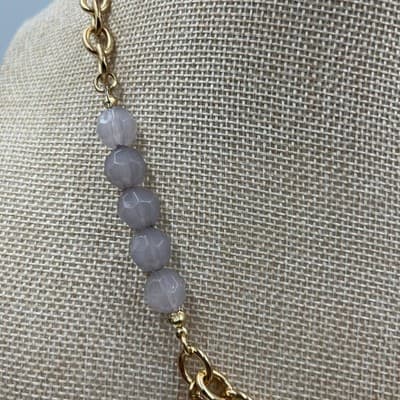 Vintage Plunder Gold Tone Necklace Lavender Beads Rhinestone Floral Bib Charm - Thumbnail 4