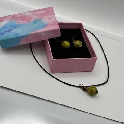 Natural Unakite Green Jasper Stone Pendant Necklace & Earring Set Antique Brass - Thumbnail 12