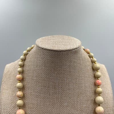 Vintage Pink Splatter Cream Beaded Necklace Aurora Borealis Crystal Accent 24" - Thumbnail 2
