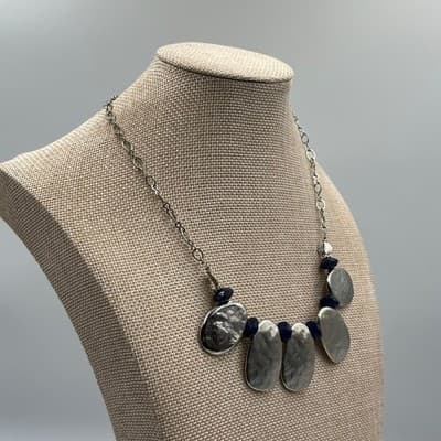 Vintage Statement Bib Necklace Hammered Bronze Tone Plates Blue Bead Accent Boho - Thumbnail 4