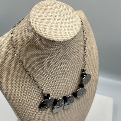 Vintage Statement Bib Necklace Hammered Bronze Tone Plates Blue Bead Accent Boho - Thumbnail 5