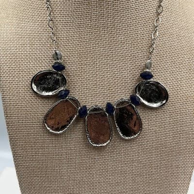 Vintage Statement Bib Necklace Hammered Bronze Tone Plates Blue Bead Accent Boho - Thumbnail 6
