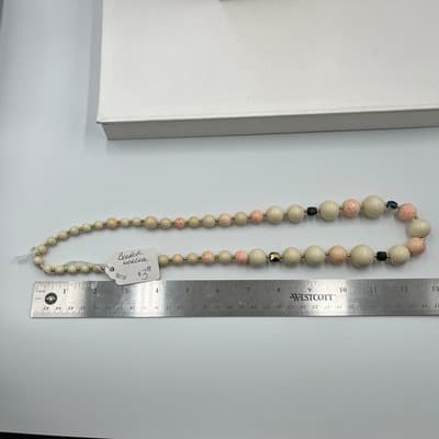 Vintage Pink Splatter Cream Beaded Necklace Aurora Borealis Crystal Accent 24" - Thumbnail 9