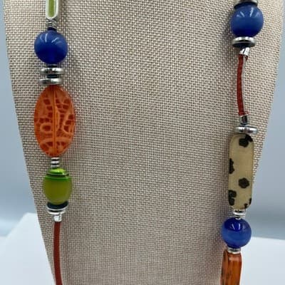 Vintage Boho Multi-Color Resin Bead Necklace Chunky Leopard Print Cord Statement - Thumbnail 3