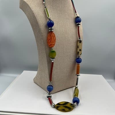 Vintage Boho Multi-Color Resin Bead Necklace Chunky Leopard Print Cord Statement - Thumbnail 5