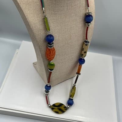 Vintage Boho Multi-Color Resin Bead Necklace Chunky Leopard Print Cord Statement - Thumbnail 6
