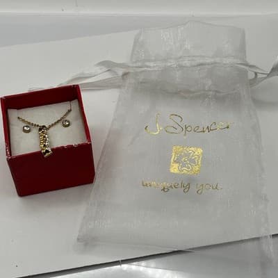 Vintage J. Spencer Jewelry Set Gold Tone Crystal Drop Necklace Stud Earrings - Thumbnail 7