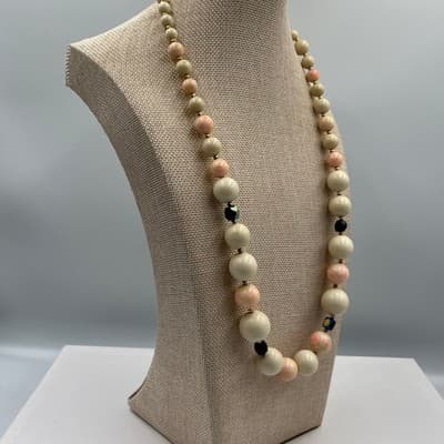 Vintage Pink Splatter Cream Beaded Necklace Aurora Borealis Crystal Accent 24" - Thumbnail 4