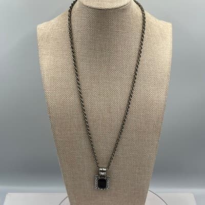 Vintage Style Silver Tone Black Onyx Style Pendant Necklace Ornate Rope Chain - Thumbnail 6
