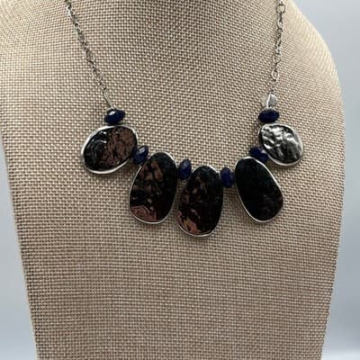 Vintage Statement Bib Necklace Hammered Bronze Tone Plates Blue Bead Accent Boho - Thumbnail 3