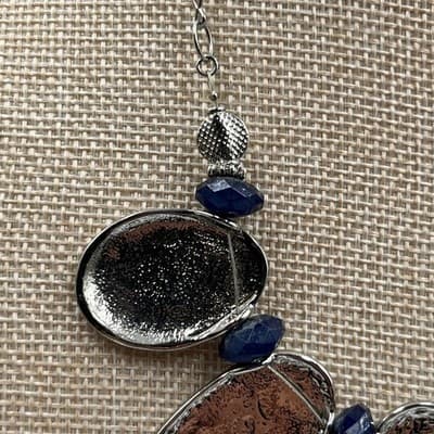 Vintage Statement Bib Necklace Hammered Bronze Tone Plates Blue Bead Accent Boho - Thumbnail 7