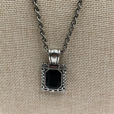 Vintage Style Silver Tone Black Onyx Style Pendant Necklace Ornate Rope Chain - Thumbnail 3