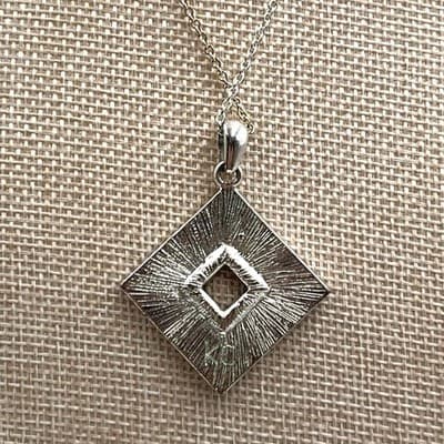 KC Modernist Faux Amber Resin Rhombus Pendant Necklace Silver Tone Rhinestone - Thumbnail 2