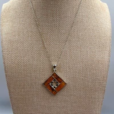 KC Modernist Faux Amber Resin Rhombus Pendant Necklace Silver Tone Rhinestone - Thumbnail 3