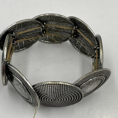 Vintage Antiqued Silver Tone Boho Disk Stretch Bracelet, Tribal Geometric Spiral - Thumbnail 2