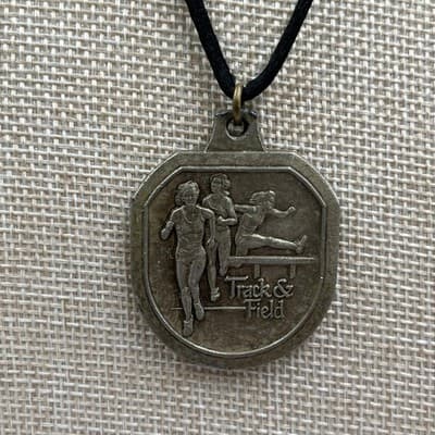 Vintage Bronze Track & Field Medal Necklace - Hurdle Runner, Black Suede Cord - Thumbnail 3