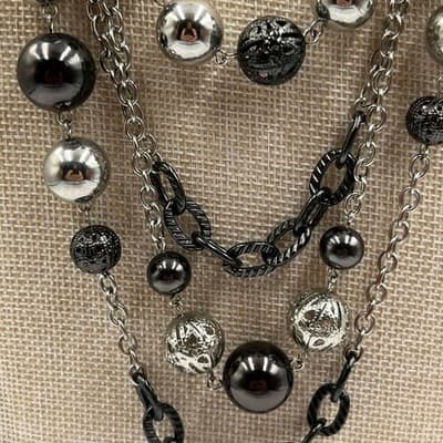 VTG Multi Layer Silver Tone Bead Statement Necklace Chunky Mixed Chain Metallic - Thumbnail 4