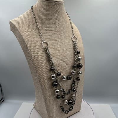 VTG Multi Layer Silver Tone Bead Statement Necklace Chunky Mixed Chain Metallic - Thumbnail 5