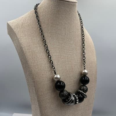 Vintage Chunky Gunmetal Bib Necklace, Silver Mixed Media Beads, Crystal Rondelle - Thumbnail 4