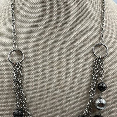 VTG Multi Layer Silver Tone Bead Statement Necklace Chunky Mixed Chain Metallic - Thumbnail 3