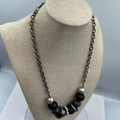 Vintage Chunky Gunmetal Bib Necklace, Silver Mixed Media Beads, Crystal Rondelle - Thumbnail 5