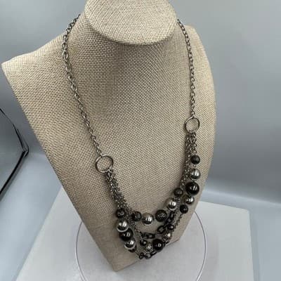 VTG Multi Layer Silver Tone Bead Statement Necklace Chunky Mixed Chain Metallic - Thumbnail 6