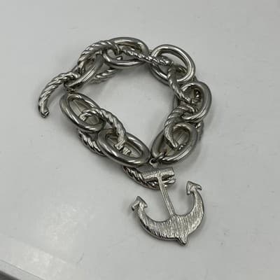Vintage Silver Tone Chunky Cable Link Bracelet Rhinestone Anchor Charm Nautical - Thumbnail 4