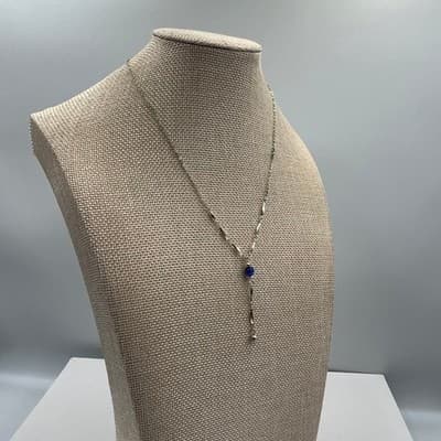 Vintage Silver Tone Blue Cat's Eye Bead Y-Necklace Dainty Bar Link Drop Pendant - Thumbnail 5