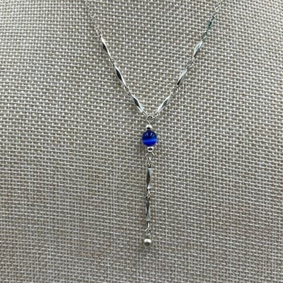 Vintage Silver Tone Blue Cat's Eye Bead Y-Necklace Dainty Bar Link Drop Pendant - Thumbnail 3