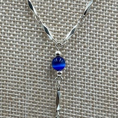 Vintage Silver Tone Blue Cat's Eye Bead Y-Necklace Dainty Bar Link Drop Pendant - Thumbnail 4