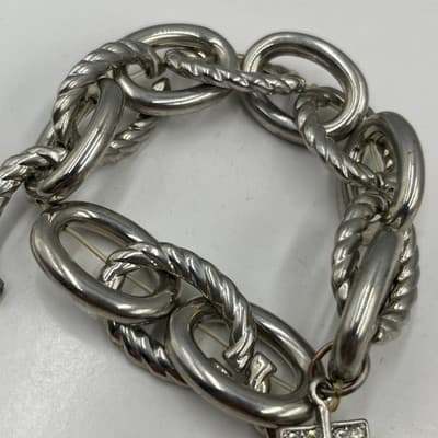 Vintage Silver Tone Chunky Cable Link Bracelet Rhinestone Anchor Charm Nautical - Thumbnail 2