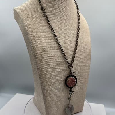 VTG Artisan Copper Tone Druzy Pendant Necklace Rhinestone Heart Leaf Mixed Media - Thumbnail 5