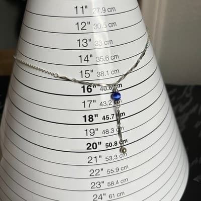 Vintage Silver Tone Blue Cat's Eye Bead Y-Necklace Dainty Bar Link Drop Pendant - Thumbnail 7