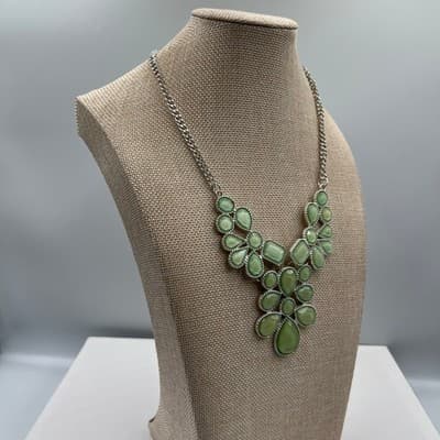 Claire's Sage Green Statement Necklace Silver Tone Bib Teardrop Cluster Jewelry - Thumbnail 4