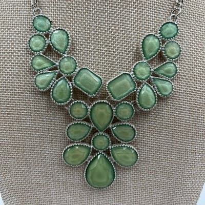 Claire's Sage Green Statement Necklace Silver Tone Bib Teardrop Cluster Jewelry - Thumbnail 3